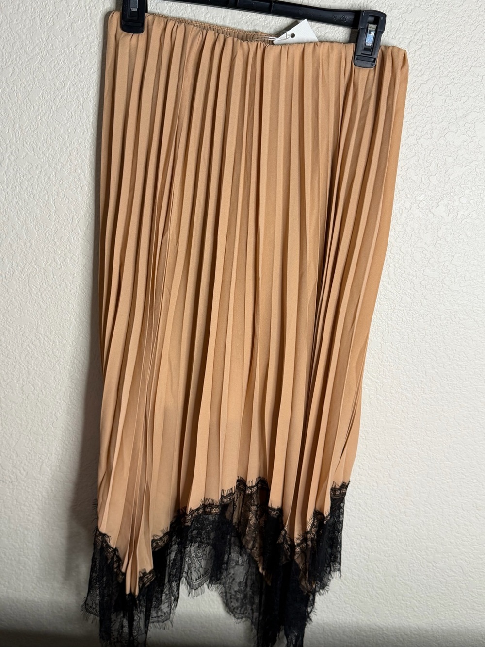 Naked Zebra Tan Pleated Asymmetrical Skirt with Black Lace Hem